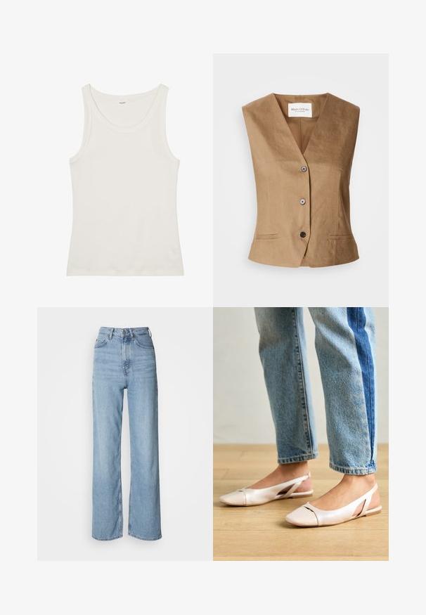 Braune Weste mit V-Ausschnitt-Design, ausgestattet mit zwei Fronttaschen, einer Sechs-Knopf-Verschluss und einem glatten, strukturierten Stoff.; Weißes Baumwolltanktop mit weitem Ausschnitt und dünnen Schulterträgern. Glatte Textur ohne sichtbare Muster oder Verzierungen.; Hellblaue hochgeschnittene Jeans mit geradem Bein, aus Denim gefertigt, mit einem Frontknopfverschluss und dezenten Verblassungen.; Blassrosa Slingback-Ballerinas mit spitzem Punkt, aus einem glatten, lederähnlichen Material. Mit Ausschnitten an den Seiten und einem flachen Absatz.