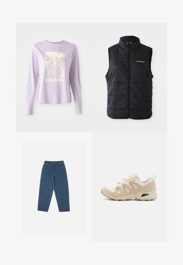 Fekete puffernyakkendő magas gallérral, vízszintes steppelt mintával, elülső cipzárral és Columbia logóval a bal mellkasnál. Könnyű anyag.; Lila hosszú ujjú póló, amely erdei grafikával és fehér "COLUMBIA SPORTSWEAR" felirattal rendelkezik. Puha anyagból készült, laza szabással.; Kék farmernadrág, laza szabással, magas derékkal, öt zsebes kialakítással és varrási díszítésekkel. Gombos és cipzáros záródással rendelkezik.; Beige és krém színű sportcipő, texturált hálós felsőrésszel, támogató burkolattal és gumitalppal, amely tapadás érdekében bordázott mintázattal rendelkezik.