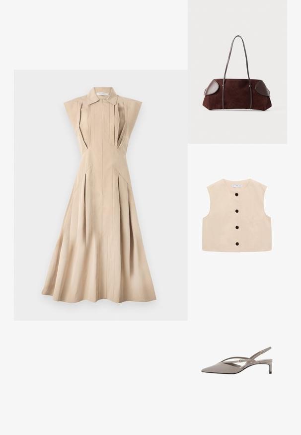Bež bezrukavni top s okruglim izrezom, s prednjim dijelom na gumbe s šest crnih gumba i glatkom pamučnom teksturom.; Bež haljina bez rukava sa ovratnikom, strukturiranim gornjim delom, vertikalnim nabiranim detaljima i raširenom suknjom koja seže ispod kolena.; Bež sandale sa špicastim vrhom, tankim ukriženim trakama i kratkim potpeticama. Glatka tkanina s dodatnim zlatnim detaljima.; Smeđi luksuzni ručni rad s kožnim detaljima, strukturiranog oblika, s dvostrukim remenjem za rame i zaobljenim rubovima, s glatkom teksturom i minimalnim hardverom.