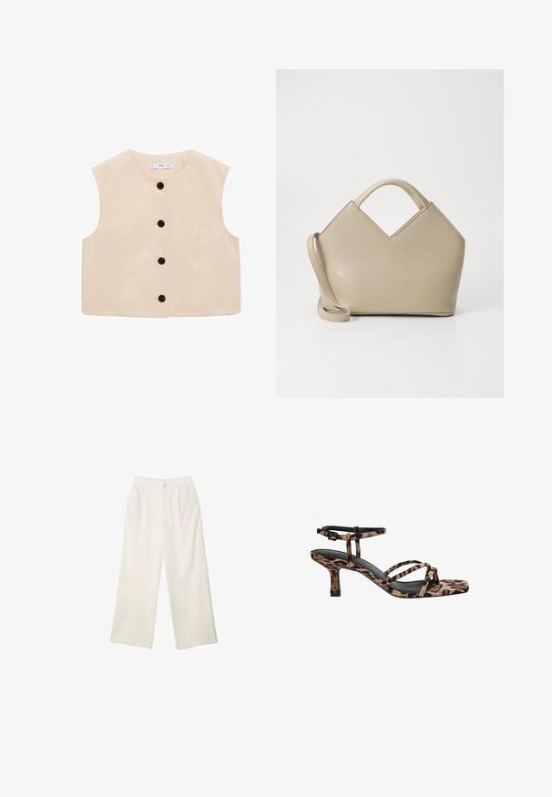 Beżowy bezrękawnik z okrągłym dekoltem, z przodem na guziki z sześcioma czarnymi guzikami oraz gładką bawełnianą fakturą.; Biała, bezrękawnikowa bluzka crop top wykonana z gładkiego, elastycznego materiału; posiada okrągły dekolt i prosty dół. Czysty, prosty design.; Spodnie z szerokimi nogawkami w kremowej tkaninie o gładkiej fakturze, z pojedynczym guzikiem z przodu, subtelnymi plisami i wysokim stanem.; Sandały na obcasie w panterkę, ze kwadratowym noskiem, wieloma paskami i średnim obcasem. Wykonane z miękkiego materiału tekstylnego.; Beżowa torebka o wyraźnej strukturze z wklęsłym górnym brzegiem, wykonana z gładkiej skóry, z krótkimi uchwytami oraz długim regulowanym paskiem. Minimalistyczny design.