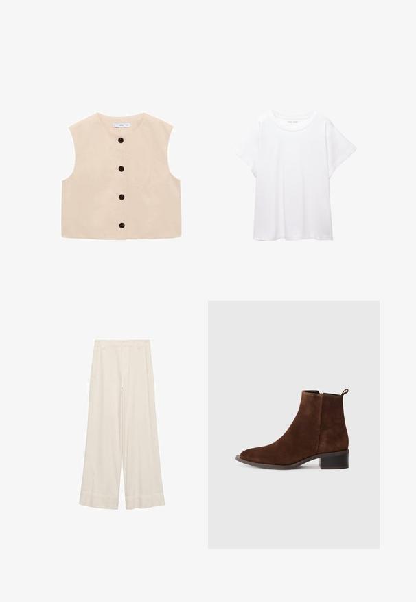 Beige ärmelloses Oberteil mit rundem Halsausschnitt, ausgestattet mit einer durchgehenden Knopfleiste mit sechs schwarzen Knöpfen und einer glatten Baumwollstruktur.; Weißes T-Shirt aus weichem, leichtem Stoff. Mit runder Halslinie und kurzen, weit geschnittenen Ärmeln für einen lässigen Sitz. Keine sichtbaren Muster.; Weite Hosen aus cremefarbenem Stoff, mit glatter Textur, tailliertem Bund und sauberen Nähten. Flaue Vorderseite mit doppelt genähten Säumen.; Braune Wildleder Stiefelette mit runder Zehenform, niedrigem Blockabsatz und einem seitlichen Reißverschluss. Verfügt über eine Schlaufe an der Rückseite für einfaches Anziehen.