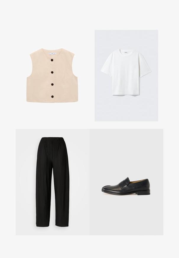 Beżowy bezrękawnik z okrągłym dekoltem, z przodem na guziki z sześcioma czarnymi guzikami oraz gładką bawełnianą fakturą.; Biała krótka koszulka z miękkiej bawełny, z okrągłym dekoltem i luźnym krojem, z prostym wykończeniem, gładka, bez wzorów i grafik.; Czarne spodnie szerokie z plisami i elastycznym paskiem w talii. Tkanina ma pionowe plisy i gładką fakturę.; Czarne skórzane mokasyny o gładkiej teksturze, zaokrąglonym nosku i wyraźnym pasku z przodu; charakteryzują się minimalistycznym designem.