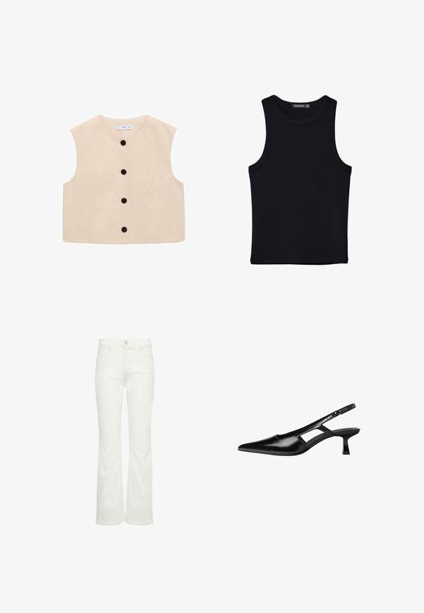 Beige mouwloze top met een ronde halslijn, met een knoopsluiting aan de voorkant met zes zwarte knopen en een soepele katoenen textuur.; Zwarte tanktop gemaakt van katoen, met een ronde halslijn en brede armopeningen. Gladde textuur met gestikte zomen. Klassiek, minimalistisch ontwerp.; Witte flare jeans van denim, met vijf pockets, riemlussen en een sluiting met een knop aan de voorkant. Gladde textuur zonder patronen.; Zwarte gepatineerde leren slingback hakken met een puntige neus, uitsparing aan de zijkant en een kleine vierkante hak. Gladde textuur met minimale accenten.