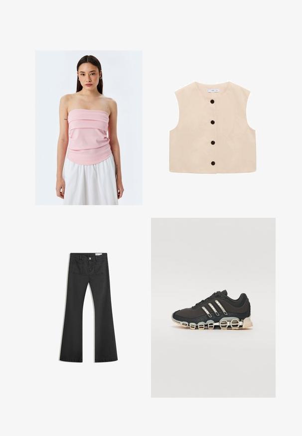 Beżowy bezrękawnik z okrągłym dekoltem, z przodem na guziki z sześcioma czarnymi guzikami oraz gładką bawełnianą fakturą.; Koton - Top; Czarne dżinsy w fasonie z dzwonami, wykonane z denimu o gładkiej teksturze, z dwiema tylnymi kieszeniami i zapięciem na guzik w talii.; Czarne sportowe buty z teksturowaną cholewką, trzema srebrnymi paskami i charakterystyczną podeszwą z amortyzacją, składającą się z wielu zintegrowanych sekcji.