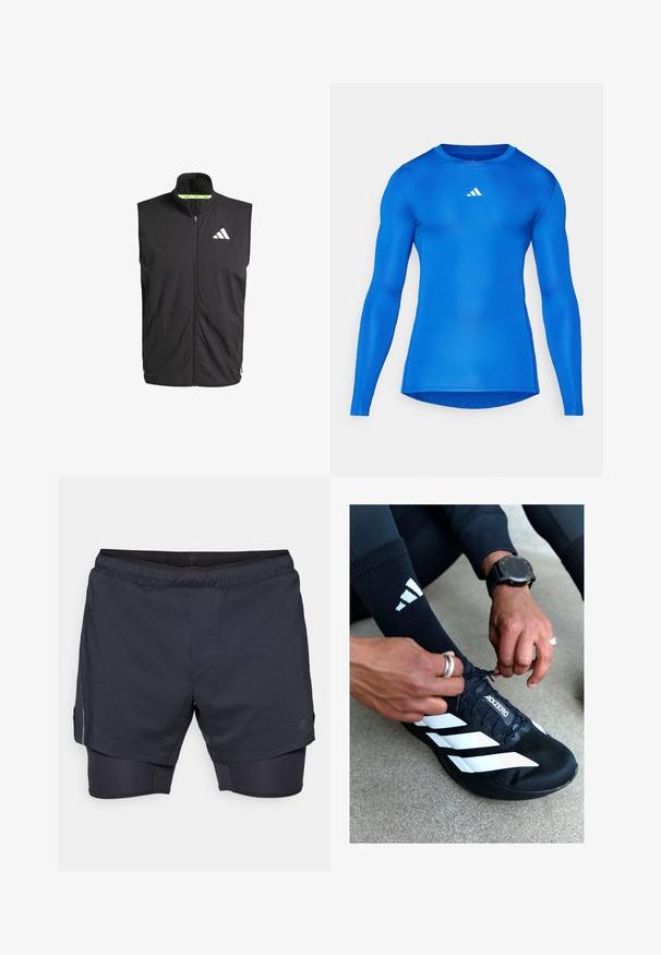 Gilet de sport noir avec un col haut, une fermeture éclair à l'avant et deux poches latérales. Présente une doublure texturée et un logo blanc sur la poitrine.; T-shirt de sport bleu à manches longues avec une coupe ajustée, texture lisse, col rond et logo Adidas blanc sur le haut du côté gauche de la poitrine.; Shorts de sport pour hommes en bleu marine foncé avec une taille élastique, un design superposé et des shorts de compression internes. Comprend une poche latérale et un logo.; Baskets noires de sport avec un design à trois rayures blanches, texture lisse et étiquette ADIZERO, en train d'être lacées par une main portant des bagues.