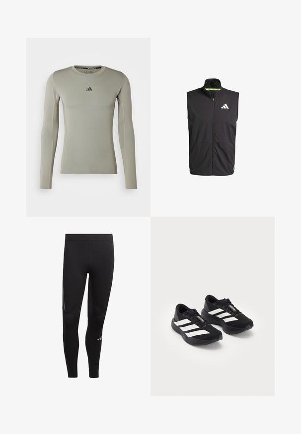 Černá sportovní vesta s vysokým límcem, předním zipem a dvěma bočními kapsami. Obsahuje texturovanou podšívku a bílé logo na hrudi.; Dlouhá sportovní tričko s dlouhým rukávem v světlé zelené látce. Má kulatý výstřih, přiléhavý design a malé černé logo na hrudi.; Černé sportovní legíny vyrobené z pružného materiálu, s vysokým pasem, reflexními detaily a logem poblíž kotníku. Hladký povrch.; Pár černých běžeckých bot Adidas Adizero s bílými pruhy a tkaničkami na bílém pozadí, umístěný vedle sebe.