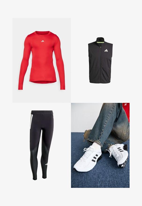 Gilet sportivo nero con colletto alto, zip frontale e due tasche laterali. Caratterizzato da un rivestimento texturizzato e un logo bianco sul petto.; Maglietta sportiva rossa a maniche lunghe realizzata in tessuto liscio e elasticizzato; design aderente; presenta un piccolo logo bianco vicino al collo.; Leggings sportivi neri con tessuto testurizzato nella parte bassa caratterizzato da piccoli punti bianchi. Include una tasca laterale e un design con pannelli a contrasto.; Scarpe da ginnastica bianche in rete con accenti neri, caratterizzate da un design testurizzato e una suola distintiva, abbinate a jeans in denim blu.