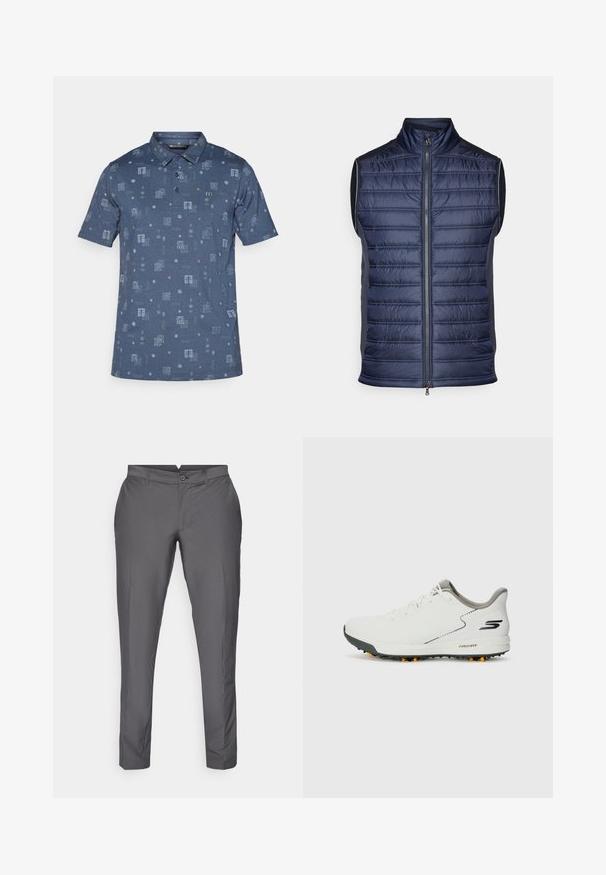 Granatowa kamizelka puchowa z pionowym wzorem pikowania, wysokim kołnierzem, zapięciem na zamek z przodu i eleganckimi szarymi panelami bocznymi. Wykonana z lekkiego materiału.; Koszulka polo z krótkim rękawem w ciemnoniebieskim kolorze, z teksturowanym wzorem kwadratów i kształtów geometrycznych w jasnoniebieskim oraz akcentami w kolorze koralowym.; Szare spodnie z gładkiego materiału. Charakteryzują się dopasowanym krojem z płaskim przodem, szlufkami na pasek i zapięciem na guzik. Klasyczny wzór.; Białe buty sportowe z gładką cholewką, szarymi akcentami i teksturowaną czarną podeszwą z pomarańczowymi kolcami. Lekka konstrukcja skoncentrowana na komforcie.