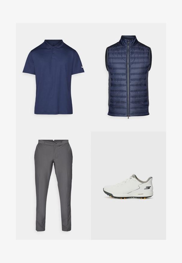 Námořnická puffy vesta s vertikálním prošíváním, vysokým límcem, předním zipem a hladkými šedými bočními panely. Lehce hmotný materiál.; Námořnická modrá polokošile z hladkého materiálu, s límcem, tří tlačítkovým rozepínáním a malým bílým logem na levém rukávu.; Šedé kalhoty vyrobené z hladké tkaniny. Mají štíhlý střih s plochým předním dílem, poutky na opasek a zapínání na knoflík. Klasický design.; Bílé sportovní boty s hladkým svrškem, šedými akcenty a texturovanou černou podrážkou se oranžovými hroty. Lehké provedení zaměřené na pohodlí.