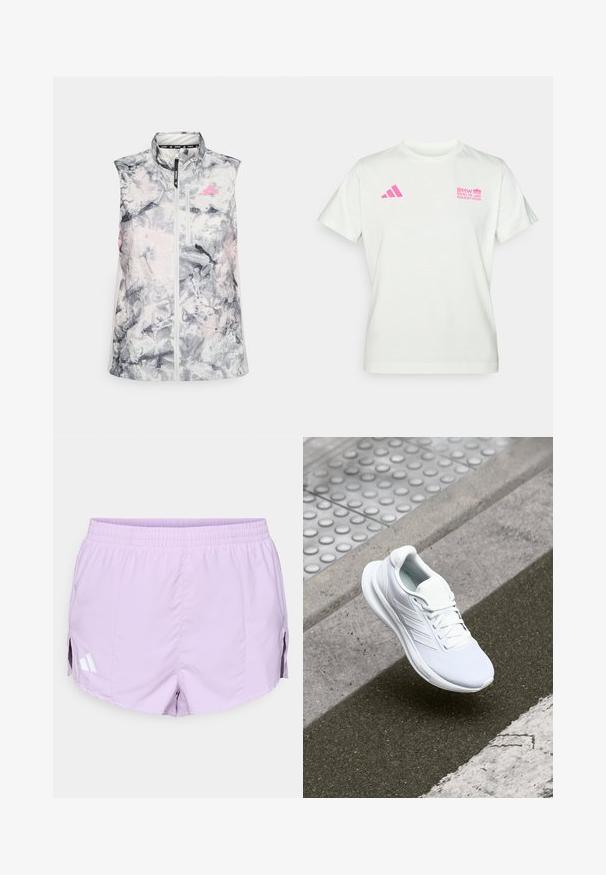 Colete de corrida sem mangas com um padrão abstrato em cinza e rosa, apresentando um gola alta, um fecho frontal e um pequeno bolso no peito.; T-shirt branca de mangas curtas com o logótipo rosa da Adidas no lado esquerdo do peito e o logótipo do Maratona de Berlim da BMW no lado direito do peito.; Calções atléticos lilás com uma cintura elástica, fendas laterais e um logotipo de três riscas brancas do lado esquerdo. Tecido leve e suave.; Shoe atlético branco com parte superior em rede, design de atacadores e sola texturizada. Branding subtil e detalhes de construção sem emendas visíveis.