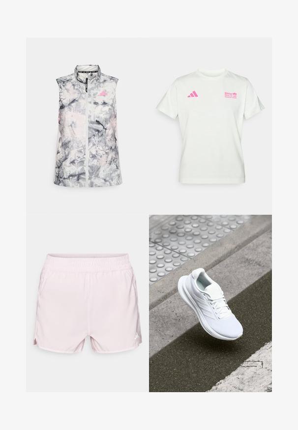 Sleeveless running vest in a gray and pink abstract pattern, featuring a high collar, a front zipper, and a small chest pocket.; White short-sleeve T-shirt with pink Adidas logo on left chest and BMW Berlin Marathon logo on right chest.; Pink athletic shorts with an elastic waistband, lightweight fabric, side slits, and a small white logo on the lower right side.; White athletic shoe featuring a mesh upper, lace-up design, and textured sole. Subtle branding and seamless construction details visible.