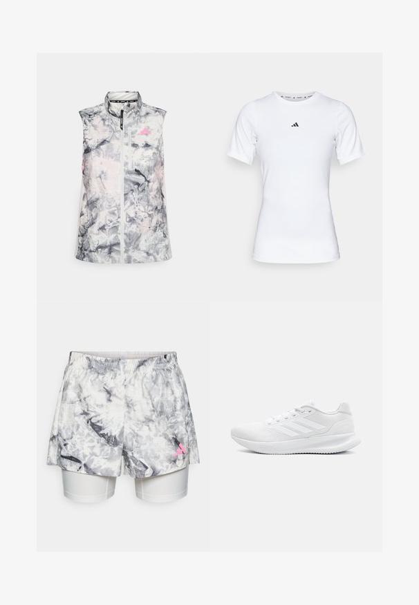 Gilet de course sans manches dans un motif abstrait gris et rose, présentant un col montant, une fermeture éclair à l'avant et une petite poche poitrine.; T-shirt de sport blanc à manches courtes, fabriqué en tissu lisse et extensible. Doté d'un petit logo noir Adidas sur la poitrine.; Shorts avec un motif abstrait gris et blanc, dotés d'une taille élastique, d'une doublure intérieure et d'un accent de logo rose sur le côté.; Baskets blanches en matériau en mesh, avec un design élégant, une pointe ronde, un talon structuré et trois rayures sur le côté extérieur.