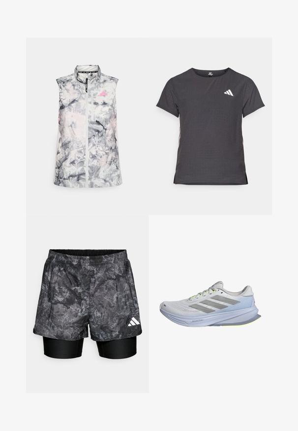 Prsluk za trčanje bez rukava u sivom i ružičastom apstraktnom uzorku, s visokim ovratnikom, prednjim patent-zatvaračem i malim džepom na prsima.; Majica kratkih rukava za sport, tamno siva s perforiranim uzorkom. Ima bijeli logo i kontrastne bočne pruge. Zaobljeni izrez.; Crne i sive atletske šortse sa uzorkom, slojevite preko prilagođenih crnih donjih šortseva, sa elastičnim pojasom i bijelim brend logotipom.; Trkačke cipele s laganom mrežastom gornjom površinom u bijeloj boji, ukrašene sivim prugama. Potplat ima blagi zakrivljen oblik i neonske žute naglaske.