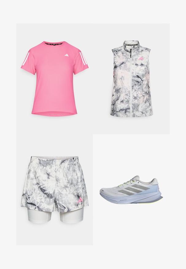 Bezramionny kamizelka do biegania w szarym i różowym abstrakcyjnym wzorze, z wysokim kołnierzem, zamek błyskawiczny z przodu i małą kieszonką na piersi.; Różowa koszulka sportowa z krótkimi rękawami, okrągłym dekoltem, białymi trzema paskami na ramionach oraz teksturowanym materiałem. Logo na klatce piersiowej.; Szorty z szaro-białym abstrakcyjnym wzorem, z elastycznym pasem, wewnętrzną podszewką i różowym logo na boku.; Buty biegowe z lekką siateczką w kolorze białym, akcentowane szarymi paskami. Podeszwa ma delikatny łuk i neonowe żółte akcenty.