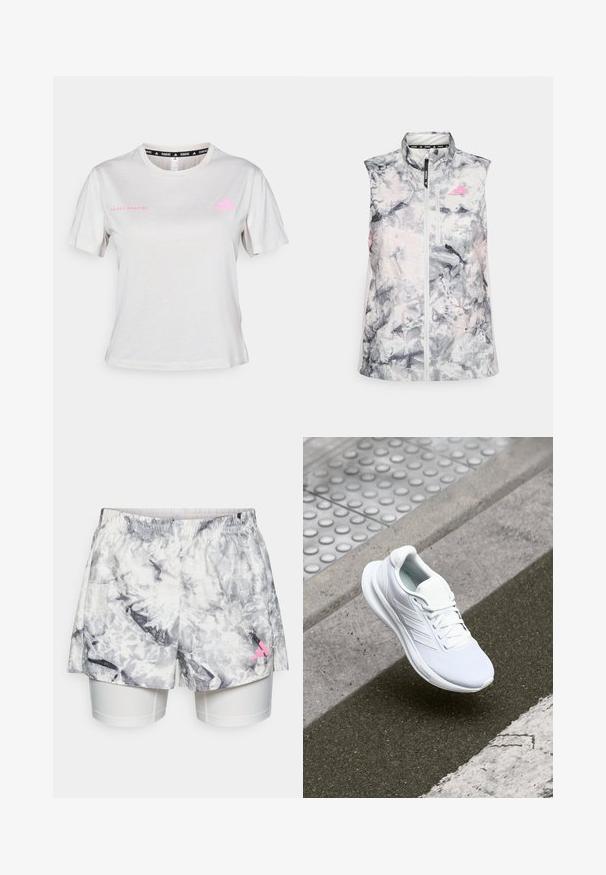 Sleeveless running vest in a gray and pink abstract pattern, featuring a high collar, a front zipper, and a small chest pocket.; Light grey short-sleeve T-shirt featuring a round neck, "ADIDAS RUNNING" printed in pink, with pink Adidas logo on the chest. Soft fabric texture.; Shorts with a gray and white abstract pattern, featuring an elastic waistband, inner liner, and a pink logo accent on the side.; White athletic shoe featuring a mesh upper, lace-up design, and textured sole. Subtle branding and seamless construction details visible.