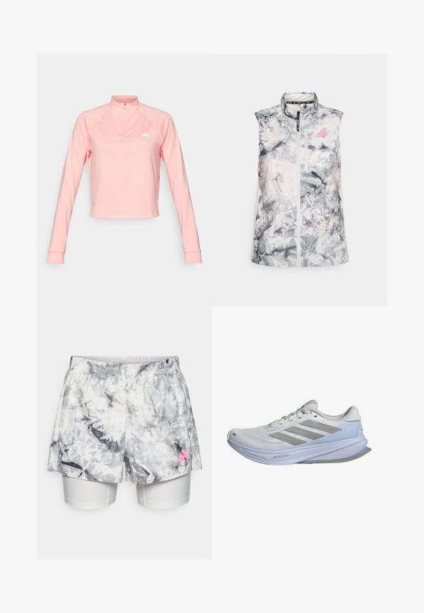 Bezrukávová bežecká vesta v šedo-ružovom abstraktnom vzore, s vysokým golierom, predným zipsom a malou vreckom na hrudníku.; adidas Performance ZIP - Top s dlhým rukávom - semi pink spark; Šortky so šedým a bielym abstraktným vzorom, s elastickým pásom, vnútornou podšívkou a ružovým logom na boku.; Bežecké topánky s ľahkým sieťovaným zvrškom v bielej farbe, akcentované sivými pruhmi. Podrážka má miernu krivku a neonovo žlté detaily.