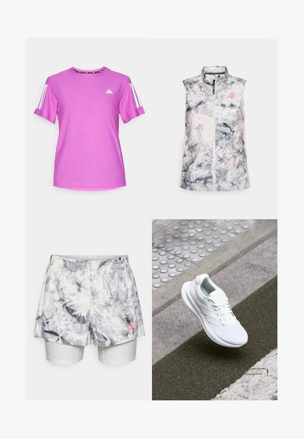 Bezrukávová bežecká vesta v šedo-ružovom abstraktnom vzore, s vysokým golierom, predným zipsom a malou vreckom na hrudníku.; Ružové športové tričko s krátkymi rukávmi, so bielymi trojpruhovými akcentmi a logom Adidas, vyrobené z ľahkej, textúrovanej látky.; Šortky so šedým a bielym abstraktným vzorom, s elastickým pásom, vnútornou podšívkou a ružovým logom na boku.; Biele športové topánky s vrchnou časťou z sieťoviny, šnurovacia konštrukcia a textúrovaná podrážka. Zosilnené značkovanie a čisté detaily konštrukcie sú viditeľné.
