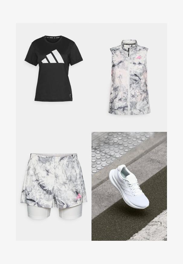 Sleeveless running vest in a gray and pink abstract pattern, featuring a high collar, a front zipper, and a small chest pocket.; Black athletic t-shirt made of a smooth fabric, featuring a large white three-stripe logo on the front and tag detailing at the hem.; Shorts with a gray and white abstract pattern, featuring an elastic waistband, inner liner, and a pink logo accent on the side.; White athletic shoe featuring a mesh upper, lace-up design, and textured sole. Subtle branding and seamless construction details visible.