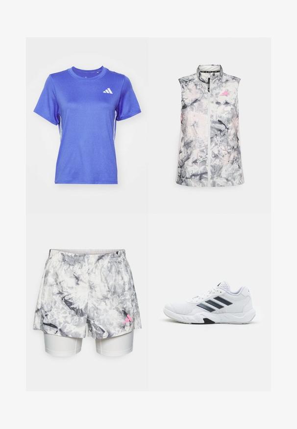 Bezrukávová běžecká vesta v šedém a růžovém abstraktním vzoru, se stojáčkem, předním zipem a malou kapsičkou na hrudi.; Modré sportovní tričko vyrobené z hladké, lehké tkaniny. Krátké rukávy, kulatý výstřih, obsahuje bílé logo a boční pruhy.; Šortky se šedobílým abstraktním vzorem, mají elastický pas, vnitřní podšívku a růžový logo akcent na boku.; Bílé sportovní boty s vrškem ze síťoviny, třemi černými pruhy po stranách, texturovanými akcenty a odolnou gumovou podrážkou s kontrastní černou částí.