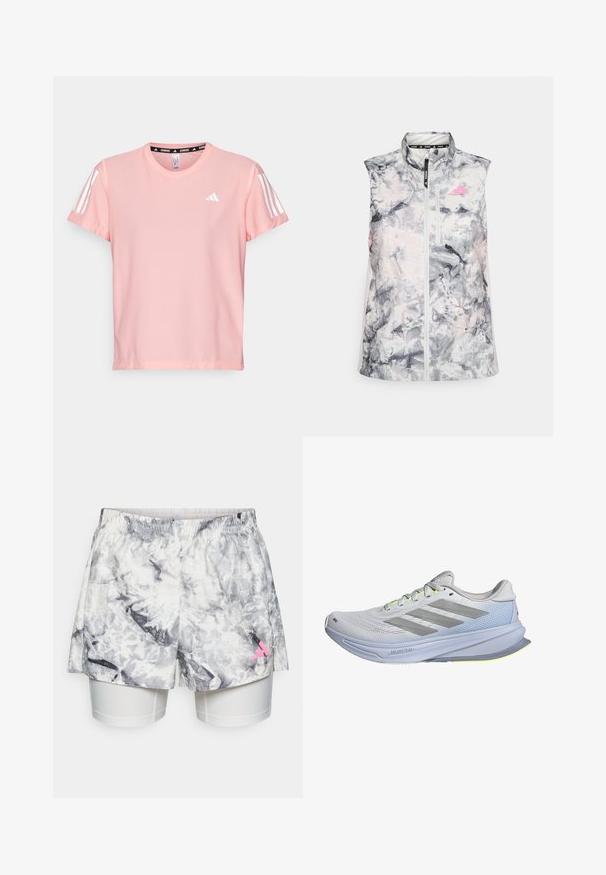 Ärmellose Laufweste in einem grauen und pinken abstrakten Muster, mit einem hohen Kragen, einem Reißverschluss vorne und einer kleinen Brusttasche.; adidas Performance TEE - Sport T-Shirt - semi pink spark; Kurze mit einem grau-weißen abstrakten Muster, ausgestattet mit einem elastischen Bund, Innenfutter und einem pinken Logoakzent an der Seite.; Laufschuhe mit einem leichten Netz-Obermaterial in Weiß, akzentuiert mit grauen Streifen. Die Sohle hat eine leichte Kurve und neon-gelbe Akzente.