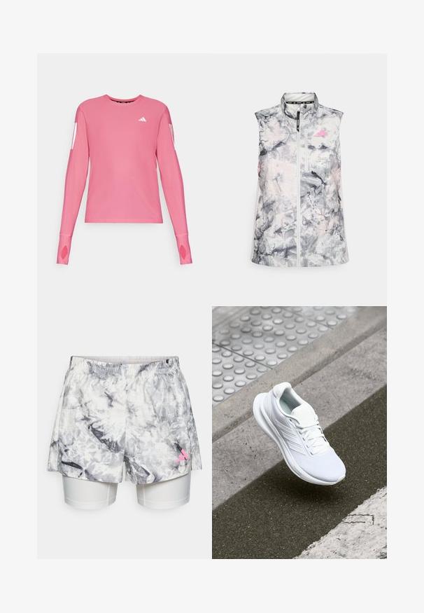 Colete de corrida sem mangas com um padrão abstrato em cinza e rosa, apresentando um gola alta, um fecho frontal e um pequeno bolso no peito.; Camisa desportiva de mangas longas cor-de-rosa com decote redondo e aberturas para os polegares nas mangas. Apresenta detalhes de marcação brancos nas mangas.; Calções com um padrão abstrato em cinza e branco, apresentando um cós elástico, forro interior e um detalhe de logótipo rosa na lateral.; Shoe atlético branco com parte superior em rede, design de atacadores e sola texturizada. Branding subtil e detalhes de construção sem emendas visíveis.