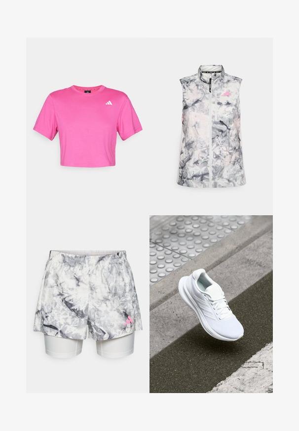 Bezrukávová bežecká vesta v šedo-ružovom abstraktnom vzore, s vysokým golierom, predným zipsom a malou vreckom na hrudníku.; Ružový skrátený tričko vyrobené z mäkkého bavlneného materiálu. Má krátke rukávy a malé biele logo na ľavej hrudi. Hladká textura s klasickým strihom.; Šortky so šedým a bielym abstraktným vzorom, s elastickým pásom, vnútornou podšívkou a ružovým logom na boku.; Biele športové topánky s vrchnou časťou z sieťoviny, šnurovacia konštrukcia a textúrovaná podrážka. Zosilnené značkovanie a čisté detaily konštrukcie sú viditeľné.