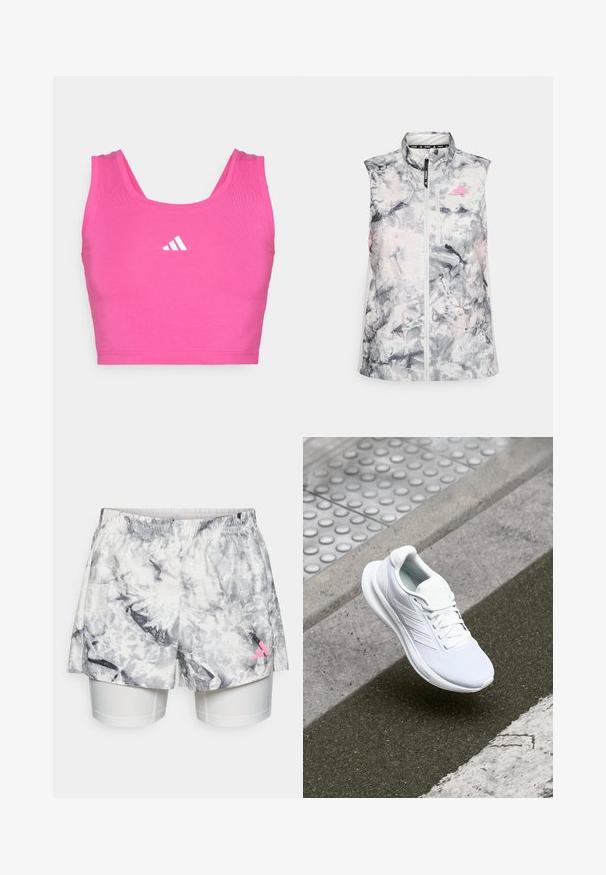 Ermeløs løpevest i et grått og rosa abstrakt mønster, med høy krage, glidelås foran og en liten brystlomme.; Rosa sports crop top laget av elastisk stoff. Har en rund hals og brede stropper. Inkluderer en hvit Adidas-logo på forsiden.; Shorts med et grått og hvitt abstrakt mønster, med elastisk midje, indre fôr og en rosa logo aksent på siden.; Hvit atletisk sko med mesh-overdel, snørelukking og strukturert såle. Diskret merkevare og sømløse konstruksjonsdetaljer synlige.
