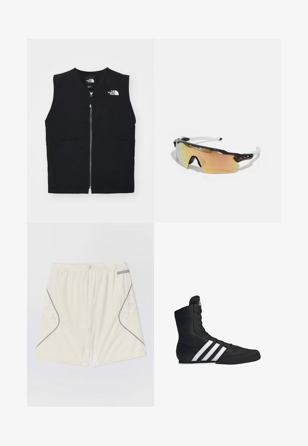 Čierna bezrukávová vesta s predným zipsom, dvomi prednými vreckami a logom na ľavej hrudnej časti, vyrobená z hladkej látky.; Biely bavlnený tielko s okrúhlym výstrihom, širokými ramennými popruhmi a rovnom spodným lemom, ktoré má hladkú textúru a žiadne viditeľné vzory.; Svetlo béžové športové kraťasy s elastickým pásom, šedým lemovaním a bočnými vreckami s vzorovaným dizajnom. Vyrobené z priedušného materiálu.; Čierna vysoká športová obuv s textilným zvrškom, vybavená tromi bielymi pruhmi a šnurovaním vpredu. Plochá gumová podrážka na spodnej časti.; Slnečné okuliare s čierno-bielym rámom, veľké zrkadlové šošovky v zlatých a ružových odtieňoch, aerodynamický dizajn a predĺžený vonkajší okraj.
