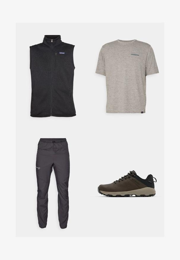 Patagonia BETTER SWEATER VEST - Brezrokavnik - black; Siva majica s kratkimi rokavi iz mehkega, strukturiranega blaga, na levi strani prsnega dela z majhnim modrim logotipom Patagonia. Brez dodatnih vzorcev.; Črne lahke zunanje hlače iz vodoodpornega materiala z elastičnim pasom in manšetami na gležnjih. Imajo šivane akcentne detajle in logotip.; Rjave vodoodporne superge z teksturiranim zgornjim delom, perforiranimi detajli, črno podporo za peto in sivo gumijasto podlogo. Šnure imajo metalne konice.