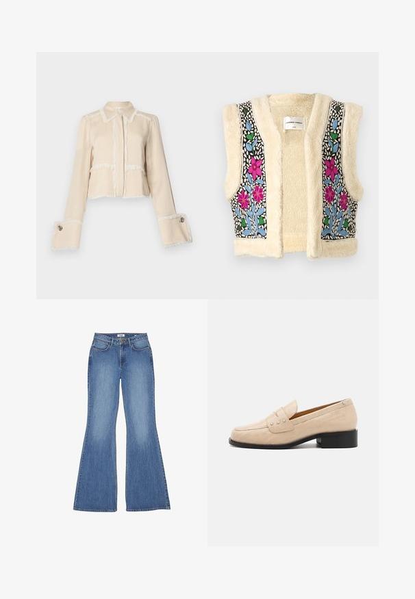 Fleece-Weste in Creme mit floraler Stickerei in Pink, Blau und Grün auf schwarzem Stoff. Mit offenem Vorderteil und strukturierter Oberfläche.; Beige zugeschnittene Jacke aus weichem Material, mit weißen Fransenakzenten entlang der Kanten und großen dekorativen Knöpfen an den Ärmelabschlüssen.; Ausgestellte blaue Denim-Jeans mit hoher Taille, fünf Taschen und Kontrastnähten; glatte Textur und klassischer Waschung.; Beige Leder Slipper mit Krokodilstruktur, eckiger Zehenpartie und drei metallischen Sternakzenten an der Oberseite. Schwarzer Blockabsatz.