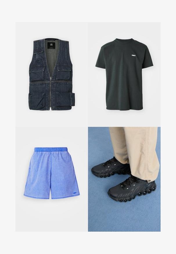 Denimo liemenė su keliomis priekinėmis kišenėmis, užtrauktuku ir V formos iškirpte. Spalva tamsiai mėlyna su lengvu tekstūru.; Juodas medvilnės marškinėliai trumpomis rankovėmis, su gipiūru apykakle ir mažu baltu "OBEY" logotipu krūtinėje. Tiesus apatinis kraštas su šoninėmis įpjovomis.; Šviesiai mėlynos šortai su elastingu juosmeniu, šoninėmis kišenėmis ir mažo logotipo detale. Audinys atrodo minkštas su subtilia tekstūra.; Juodi sportiniai batai su tekstūruotu paviršiumi, kreiviu padu ir ryškiais oro kamuoliukais apatinėje dalyje. Yra raišteliai ir atspindinčios detalės.