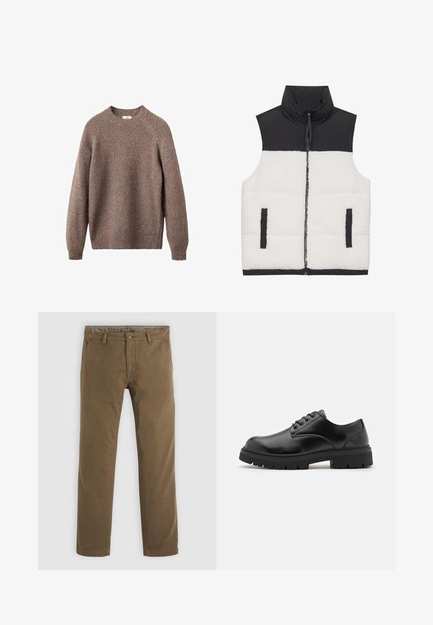 Podložena jopica z zgornjim delom iz črnega prešitega materiala in spodnjim delom iz bele flanelske tkanine, visoko ovratnikom, sprednjim zadrgo in dvema stranskima žepoma.; Rjava pletena jopica s okroglim ovratnikom, rebrastimi manšetami in robom. Ima teksturiran vzorec in brezšivne raglan rokave.; Khaki bombažne hlače s ravnim krojem, ki vključujejo gumbasto zapiranje, dve sprednji žepi in gladko teksturo.; Črne usnjene čevlje s podolgovatim prstom, z vezalnim dizajnom in debelim, teksturiranim gumijastim podplatom. Imajo šivanje ob robu in gladko površino.
