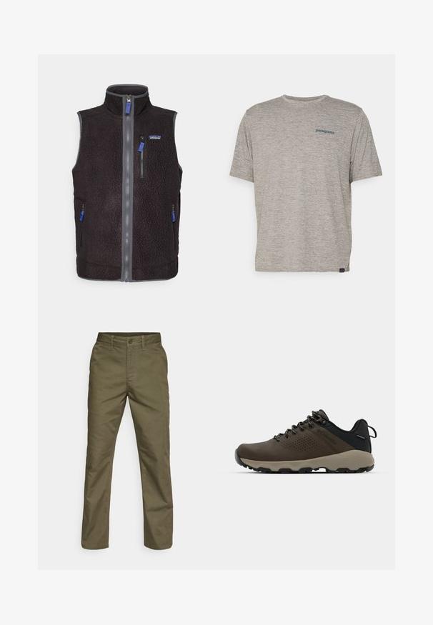 Črn flis brezrokavnik z visokim ovratnikom, polnim sprednjim zadrge, tremi žepi z zadrgo in logotipom Patagonia na levem prsnem delu.; Siva majica s kratkimi rokavi iz mehkega, strukturiranega blaga, na levi strani prsnega dela z majhnim modrim logotipom Patagonia. Brez dodatnih vzorcev.; Olive zeleni bombažni hlače s ravnimi nogavicami, z gumbom za zapiranje in kavljem za pas, gladko teksturo in brez izrazitih vzorcev.; Rjave vodoodporne superge z teksturiranim zgornjim delom, perforiranimi detajli, črno podporo za peto in sivo gumijasto podlogo. Šnure imajo metalne konice.