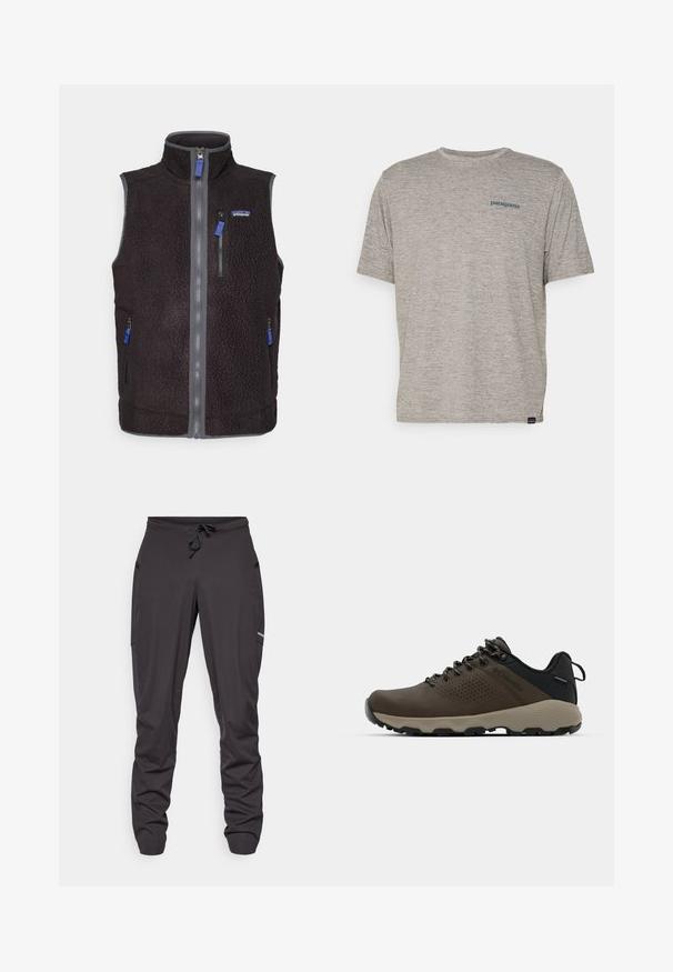 Svart fleecevest med høy krage, full front glidelås, tre glidelåslommer og Patagonia-logo på venstre bryst.; Grå kortermet t-skjorte laget av mykt, teksturert stoff med en liten blå Patagonia-logo på venstre bryst. Ingen ekstra mønstre.; Sorte joggebukser med snøring, side lommer, noe rynket stoff, og en liten synlig logo på høyre lår.; Brune vanntette joggesko med teksturert overdel, perforerte detaljer, svart hæl støtte og en grå gummisåle. Snøring er stilisert med metalliske ender.