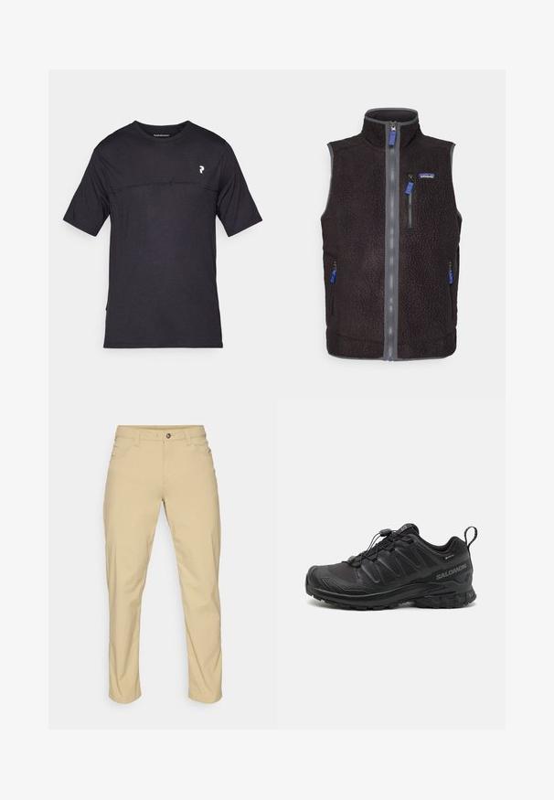 Čierna fleecová vesta s vysokým golierom, celoprepínacím zipsom, troma zipsovými vreckami a logom Patagonia na ľavej strane hrudníka.; Peak Performance TRAIL - Tričko s potlačou - black; Patagonia QUANDARY PANTS - Outdoorové nohavice - classic tan; Čierna športová obuv so štruktúrovaným syntetickým zvrškom, polstrovanou podrážkou a rýchlozaviazaním. Obsahuje zosilnenú špičku a pätu.
