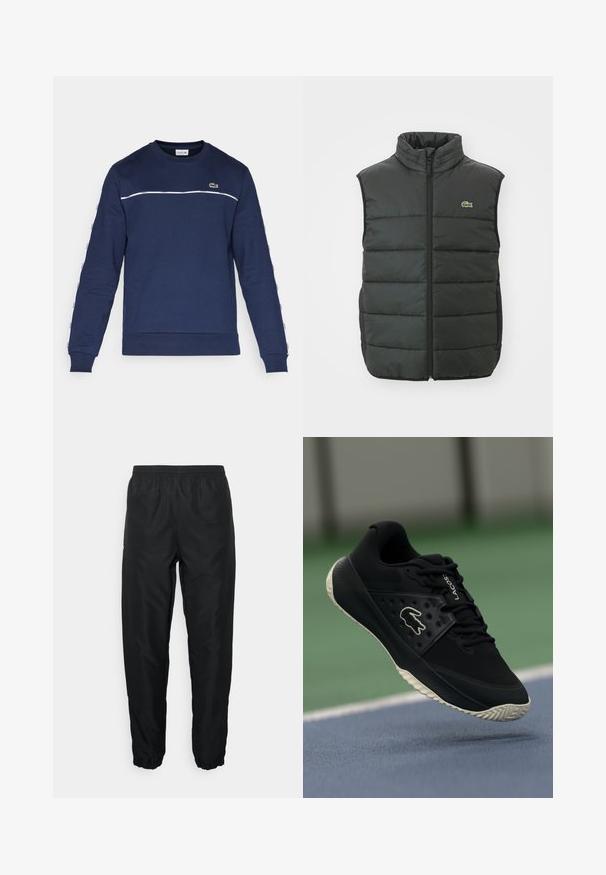 Pletená vesta v tmavě šedé barvě s vysokým límcem, předním zipem a vyšitým logem. Má prošívaný design a polstrovanou texturu pro teplo.; Námořnicky modrá mikina vyrobená z měkké tkaniny, s bílým vodorovným pruhem, logem na hrudi a značkovým detailem na rukávech.; Černé sportovní kalhoty vyrobené z lehkého materiálu s elastickým pasem a manžetami, s hladkým povrchem a minimálním brandingem.; Černá atletická bota s texturovaným svrškem a hladkými akcenty, která má bílou značku, šněrovací design a flexibilní gumovou podrážku.