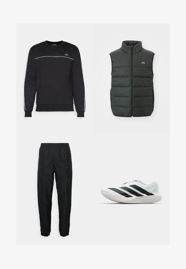 Γιλέκο σε σκούρο γκρι με ψηλό γιακά, μπροστινό φερμουάρ και κεντημένο λογότυπο. Διαθέτει σχεδίαση με πούπουλα και επενδεδυμένη υφή για ζεστασιά.; Μαύρο φούτερ με μακριά μανίκια, στρογγυλή λαιμόκοψη, λευκές διακριτικές ρίγες κατά μήκος των ώμων και των πλάγιων, με μικρό λογότυπο Lacoste στο στήθος.; Μαύροι αθλητικοί παντελόνες φτιαγμένες από ελαφρύ υλικό, με ελαστική μέση και μανσέτες, διαθέτοντας λεία υφή και ελάχιστο λογότυπο.; Ελαφριά αθλητικά παπούτσια τρεξίματος σε ανοιχτό μπλε με μαύρες ρίγες. Διαθέτουν λείο άνω μέρος, στρογγυλή μύτη και παχύ λευκό ενδιάμεσο πέλμα που φέρει την ετικέτα "LIGHTSTRIKE PRO."