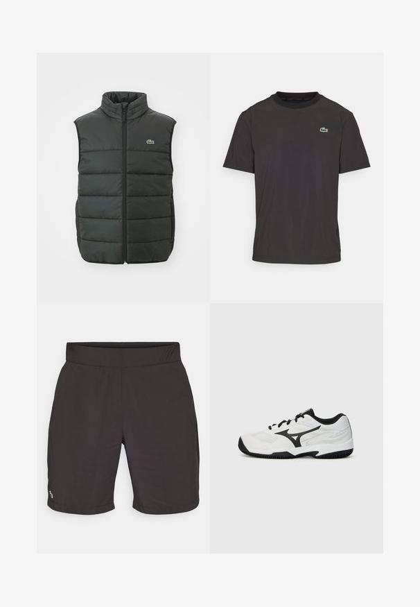 Tumehall pufvest, millel on kõrge krae, eesuksega ja broderitud logo. Omab tikkimist ja vooderdatud tekstuuri sooja hoidmiseks.; Must beebi lühikeste varrukatega T-särk, mis on valmistatud pehmest kangast, ümarate kaelustega ja väikese rohelise krokodilli logoga vasakul rinnal.; Mustad mustad mustad ja sileda tekstuuriga kerged püksil, elastne vöökoht ning väikene värviline logo vasakus alumises nurgas.; Valge sportlik king, millel on mustad aktsendid, sisaldab võrkkangast ülemist osa, tekstuurset tallat ja seotud disaini kindla sobivuse jaoks. Tugevdatud varvaste ala.