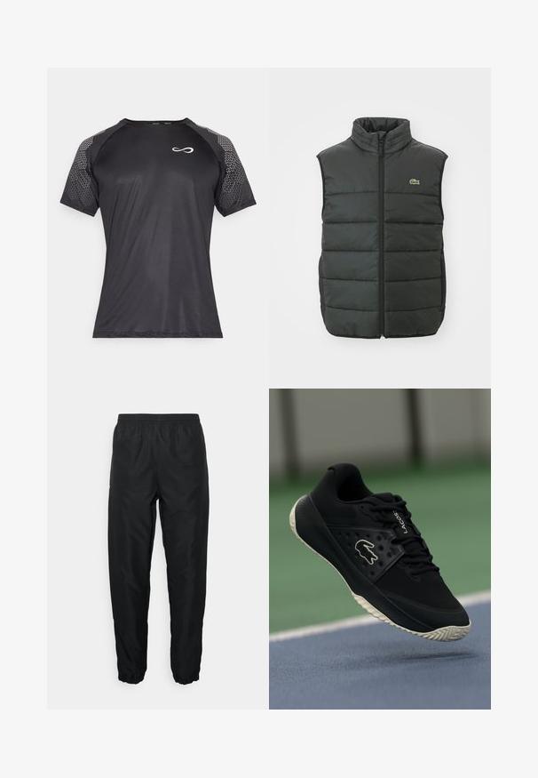 Colete puffer em cinza escuro com gola alta, fecho frontal e logótipo bordado. Apresenta um design acolchoado e textura almofadada para aquecer.; Endless FEISTY HEXAGON - T-shirt estampada - black; Calças desportivas pretas feitas de material leve com cintura e punhos elásticos, apresentando uma textura suave e um detalhe de marcação mínima.; Sapatilha atlética preta com superior texturizado e detalhes lisos, apresentando um logo branco, design de atacadores e sola de borracha flexível.