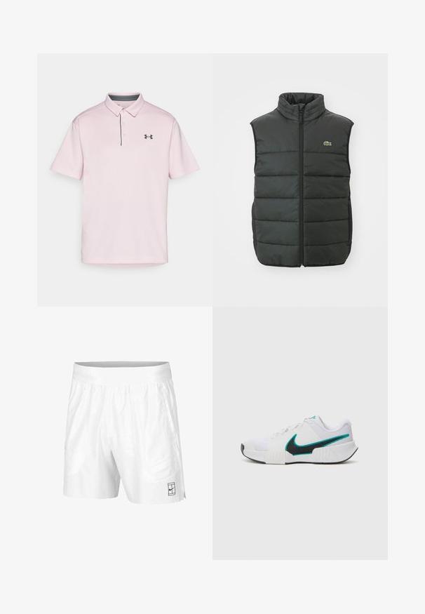 Donkergrijze puffer vest met hoge kraag, ritssluiting aan de voorkant en geborduurd logo. Voorzien van een geborduurd ontwerp en een gevoerde textuur voor warmte.; Roze polo shirt van gestructureerde stof, met een kraag, twee knopen en een donkergrijze accent bij de kraag en een zwart logo op de borst.; Witte sportshorts gemaakt van lichtgewicht stof met een elastische tailleband, voorzien van twee zijzakken en een klein zwart logo op de zoom.; Witte sportieve schoen met een textuur mesh bovenwerk, zwarte rubberen zool en teal Nike swooshaccent. Voorzien van veters en een gewatteerde kraag.
