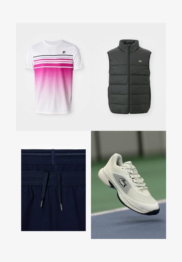 Pánska viestka s vysokým golierom v tmavosivej farbe, so zipsom na prednej strane a vyšitým logom. Má prešívaný dizajn a polstrovanú textúru pre teplo.; Biela tričko s krátkym rukávom s ružovým ombré dizajnom, horizontálne pruhy v tmavo ružovej a námorníckej modrej farbe a malé čierne logo na hrudi.; Námornícke modré športové šortky s elastickým pásom a šnúrkou na stiahnutie. Materiál vyzerá hladko s čistým šitím a jemným detailom značky.; Biele športové tenisky s priedušnou vrchnou časťou, čiernymi akcentmi, textúrovanou podrážkou a výrazným logom na boku, zobrazené na pozadí ihriska.
