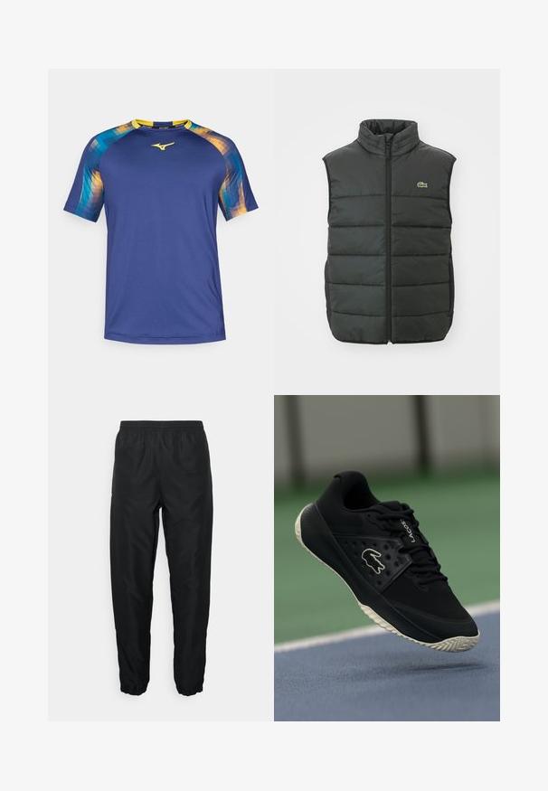 Puffer vest in dark gray with high collar, front zipper, and embroidered logo. Features quilted design and padded texture for warmth.; Short-sleeve athletic shirt in navy blue with geometric patterns in blue, yellow, and orange on the shoulders. Smooth fabric, crew neck.; Black athletic pants made of lightweight material with elastic waistband and cuffs, featuring a smooth texture and minimal branding detail.; Black athletic shoe with a textured upper and smooth accents, featuring a white logo, lace-up design, and flexible rubber outsole.