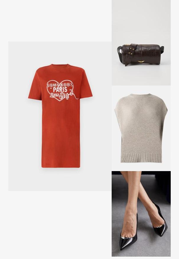 Bežový pletený sveter s krátkymi rukávmi, rebrovaným výstrihom a lemom. Hladká textúra s mierne voľným strihom, ktorý má bočné švy blízko lemu.; Červené bavlnené tričko s krátkymi rukávmi, s bielym grafickým srdcom a textom "Niekto v Paríži ma miluje." Hladká textúra.; Čierne kožené topánky na vysokom opätku s špicatou špičkou a otvoreným dizajnom, ktorý obsahuje dekoratívny strieborný akcent. Hladká textúra s lesklým povrchom.; Hnedá taška z kože s embosovaným vzorom krokodíla, cylindrického tvaru, so zlatými hardvérovými doplnkami a odnímateľným popruhom so štítkami.