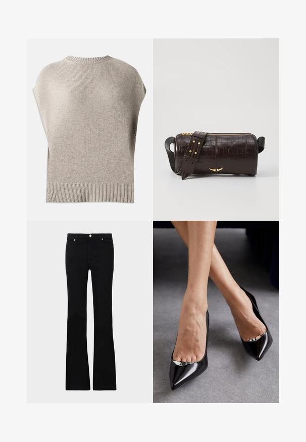 Maglione beige lavorato a maglia con maniche corte, scollatura e orlo a coste. Texture liscia con una vestibilità leggermente morbida, con cuciture laterali vicino all'orlo.; Blusa nera realizzata in tessuto morbido, con scollatura laccata e motivo floreale. Maniche lunghe e puffate e una vestibilità rilassata completano il design.; Jeans neri svasati in denim, dotati di due tasche anteriori, chiusura con bottone e una texture liscia. Cuciture iconiche visibili nei punti di giuntura.; Scarpe nere in pelle con tacco alto, punta affilata e design aperto, caratterizzate da un accento decorativo in argento. Texture liscia con finitura lucida.; Borsa in pelle stampata a coccodrillo marrone con forma cilindrica, accessori in tonalità oro e una tracolla staccabile con borchie.