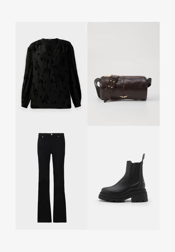 Béžový pletený svetr s krátkými rukávy, žebrovaným výstřihem a lemem. Hladká textura se mírně volným střihem, s bočními švy blízko lemu.; Černá blůza z měkké tkaniny, s šněrovacím výstřihem a květinovým vzorem. Dlouhé, nabírané rukávy a volný střih doplňují design.; Černé zvonové džíny vyrobené z denimu, s dvěma předními kapsami, zapínáním na knoflík a hladkou strukturou. Na švech je viditelné charakteristické prošívání.; Černé chelsea boty vyrobené z hladké kůže s elastickými bočními panely, silnou, strakatou gumovou podrážkou a poutkem na zadní straně.; Hnědá kabelka z krokodýlí kůže s embosováním, cylindrického tvaru, se zlacenými kovovými prvky a odnímatelným popruhem se hroty.