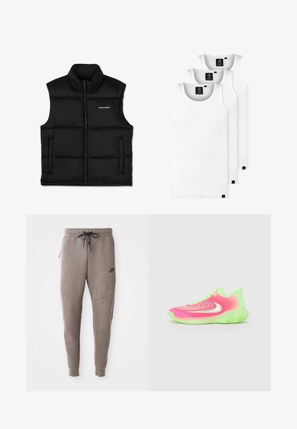 Black padded vest with a high collar, front zip closure, and side pockets. Features a smooth texture and a logo on the upper left.; Three white ribbed tank tops made of cotton. Features a crew neck and small black labels near the hem. Available in multiple sizes.; Gray Nike sweatpants with a drawstring waistband, tapered legs, side pockets, and distinct seam detailing. Soft, textured fabric.; Neon pink and green athletic shoe with a textured upper, wavy sole, and reflective silver details. Laces are integrated into the design.