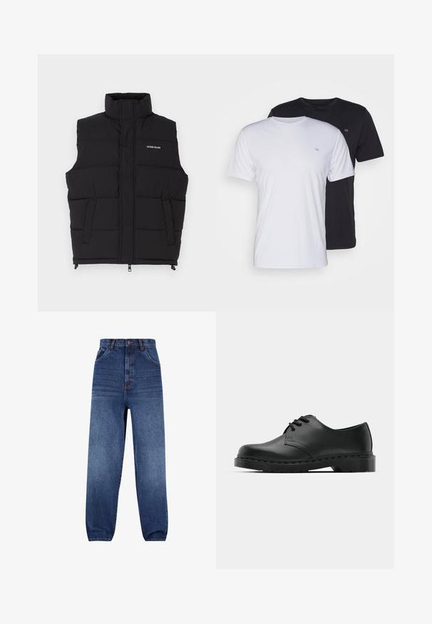 Czarna kamizelka puchowa z wysokim kołnierzem, wyposażona w dwie boczne kieszenie oraz zamek błyskawiczny z przodu. Prezentuje logo "GUESS JEANS" w kolorze białym.; Dwie bawełniane koszulki w kolorze białym i czarnym, z krótkim rękawem i okrągłym dekoltem, z małym logo na piersi, o gładkiej fakturze.; Dżinsy w ciemnoniebieskim kolorze. Wysoki stan, luźny krój. Posiada przednie kieszenie i subtelny efekt wyblaknięcia na nogawkach.; Czarne skórzane półbuty oxford z zapięciem na sznurowadła, zaokrąglonym noskiem, płaską gumową podeszwą oraz subtelnym przeszyciem na cholewce.