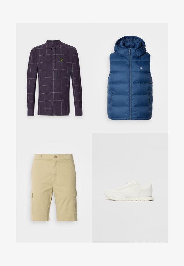 Tummansininen hupullinen tikkiliivi, jossa on vetoketjukiinnitys, kaksi sivutaskua ja logo rinnassa. Liivissä on sileä pinta ja tikkauksen muotoilu.; Tumman purppuranvärinen pitkähihainen nappipaita, jossa on valkoinen ja harmaa ruutukuosi. Rinnassa on pieni vihreä emblemipainatus rintataskussa.; Vihreät cargo-shortsit, jotka on valmistettu puuvillasta, joissa on sileä pinta, sivutaskut ja napitus vyötäröllä.; Valkoiset tennarit, joissa on verkkokankainen ja synteettinen yläosa, pyöreä kärki, litteät nauhat sekä teksturoitu sivuviiru. Kumipohja ja vetoketju takana.