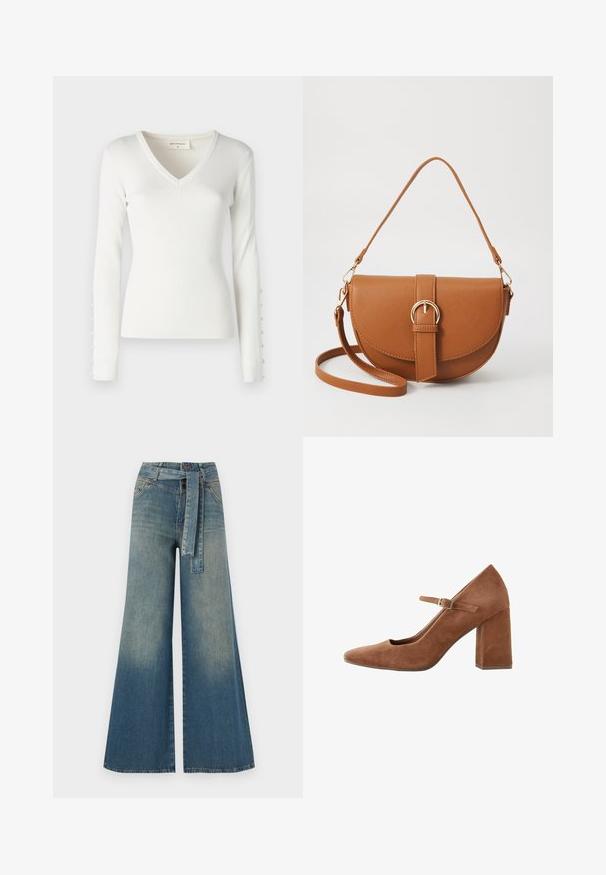 Vaatetehty liivi vaaleassa valkoisessa, V-pääntiellä, yhdessä napilla suljettuna ja edessä taskulla. Pehmeä kangas, jossa on timanttikuvio.; Valkoinen ribbattua pitkähihainen paita, jossa on V-päinen muotoilu ja napit koristettaessa hihoja. Pehmeä rakenne ja istuva malli.; Yksiväriset farkut leveällä lahkeella, joissa on vaaleasta tummansiniseen häipyvä väri, korkea vyötärö, vyölenkit ja yhteensopiva kangasvyö. Rakennefarkkujen pinta.; Ruskea mokkanahkainen Mary Jane -pumppu terävällä kärjellä, säädettävällä hihnalla soljella ja lujalla korkolla. Sujuva pinta, klassinen muotoilu.; Ruskean nahkainen olkalaukku, jossa on kaareva muoto, kultaiset yksityiskohdat ja solkiyksityiskohta. Varustettu irrotettavalla olkahihnalla.