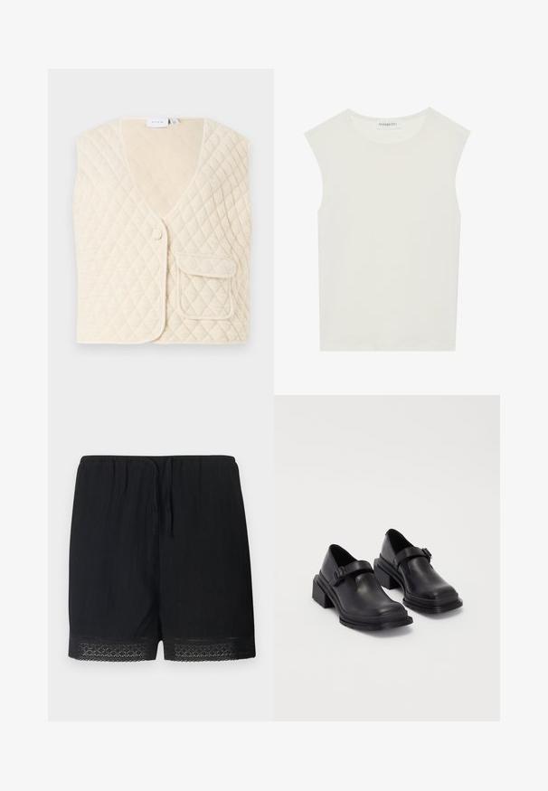 Gilet matelassé en blanc cassé avec un col en V, une fermeture à un bouton et une poche sur le devant. Tissu doux avec un motif en losanges.; Haut sans manches blanc avec un col rond. Fabriqué en tissu lisse, il présente une coupe décontractée et un design minimaliste. Pas de motifs ni d'accents.; Shorts noirs en tissu texturé avec une taille élastique et un lien, dotés d'une délicate bordure en dentelle au bas.; Chaussures en cuir noir avec un bout arrondi, semelle plate et une sangle avec une boucle décorative. Talon épais pour plus de stabilité.